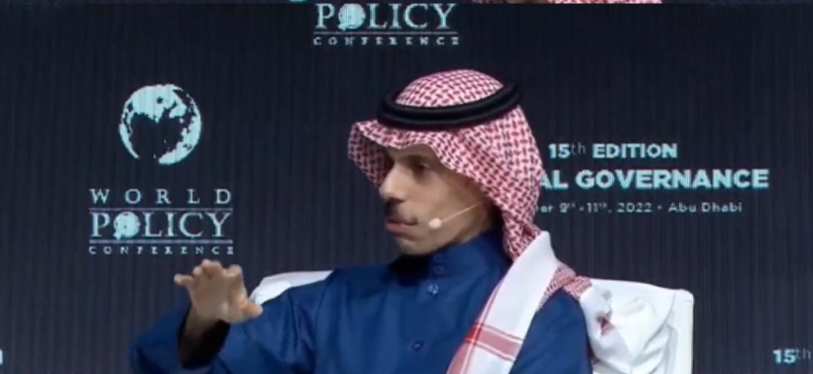 Saudi Foreign Minister Prince Faisal bin Farhan Speaking at the World Policy Conference in Abu Dhabi