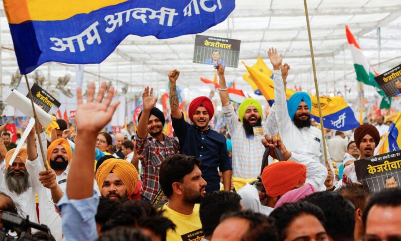 Aam Aadmi Party supporters protest against the arrest of Arvind Kejriwal in New Delhi. Pic: Reuters