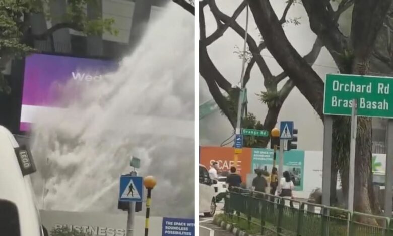 NEWater pipe leak outside *Scape mall in Orchard causes massive geyser; PUB investigating