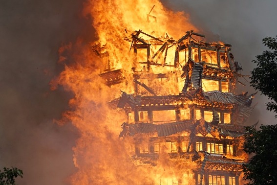 Asia's tallest wooden pagoda destroyed