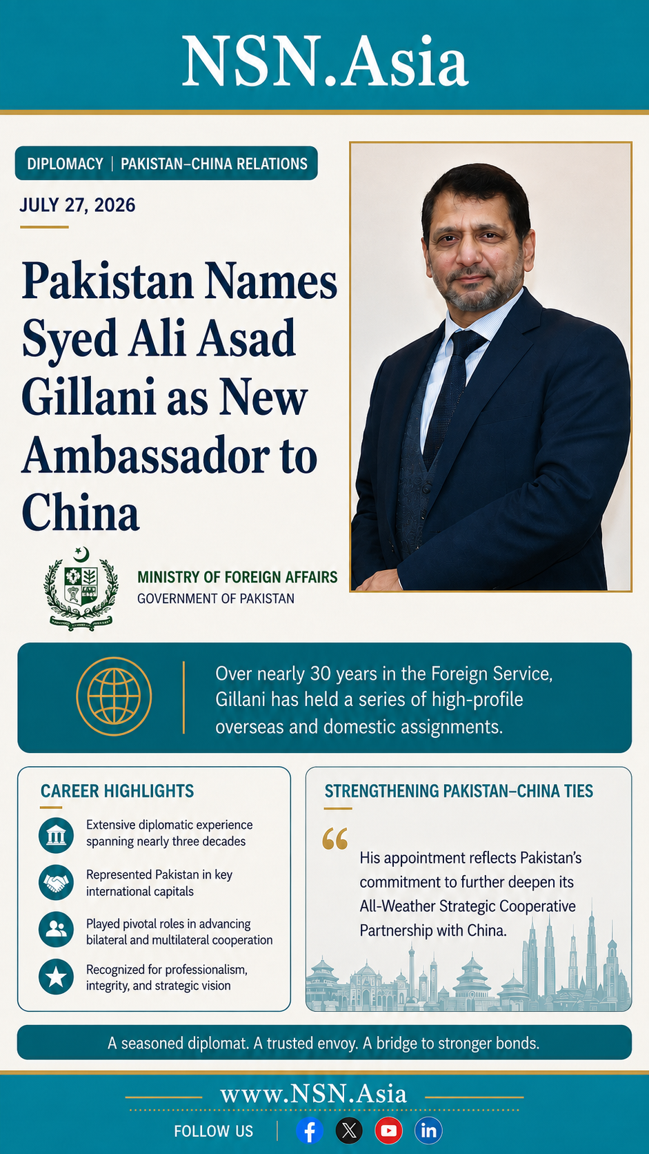 Pakista's New Envoy to China to Deepen Cooperation 8 Pakistan names Syed Ali Asad Gillani as an Envoy To China NSN Asia 2026