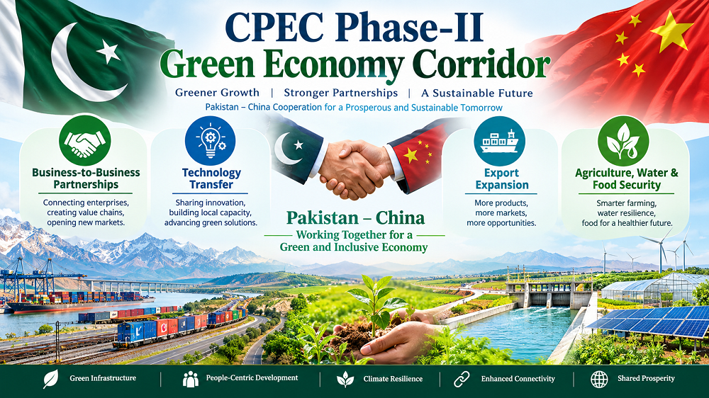 Green Economy Corridor under CPEC Phase-II, highlighting business-to-business partnerships, technology transfer, export expansion, and Pakistan–China cooperation on agriculture, water and food security.