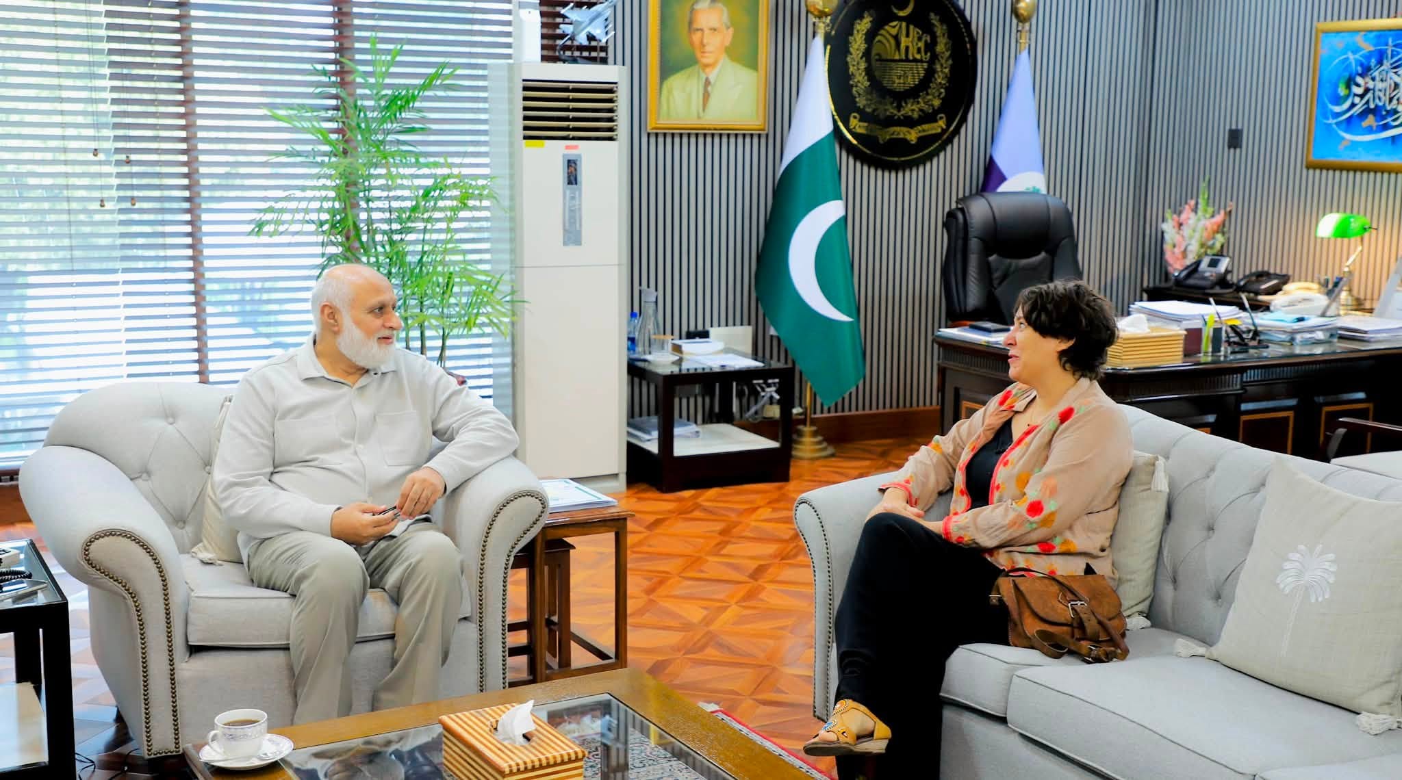 HEC Chairman Prof. Dr. Niaz Ahmad Akhtar praises French Scientific & Higher Education Attachée Sabine Vermillard for strengthening Pakistan–France cooperation in higher education, research and student mobility during farewell meeting in Islamabad.